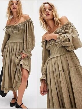 Free People Toledo midi dress off the shoulder smocked embroidered green tie